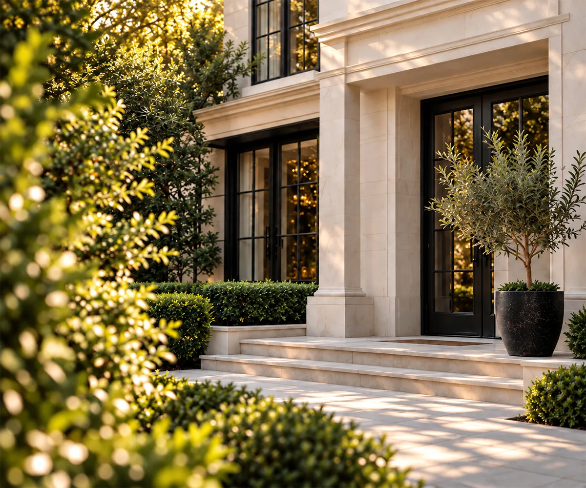 Limestone entry of a residence with black steel doors and an olive tree