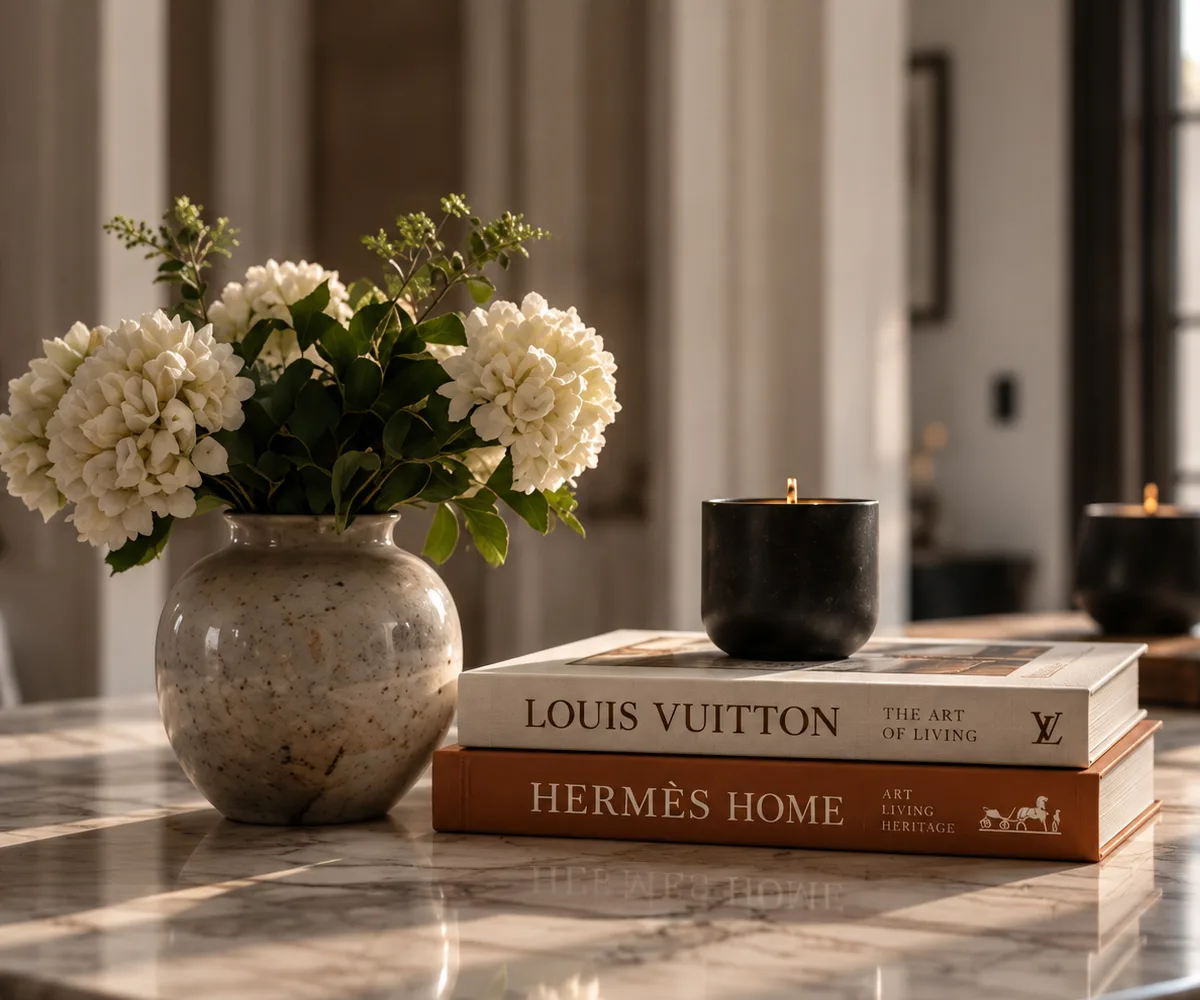 White hydrangeas, a candle and books on a marble table